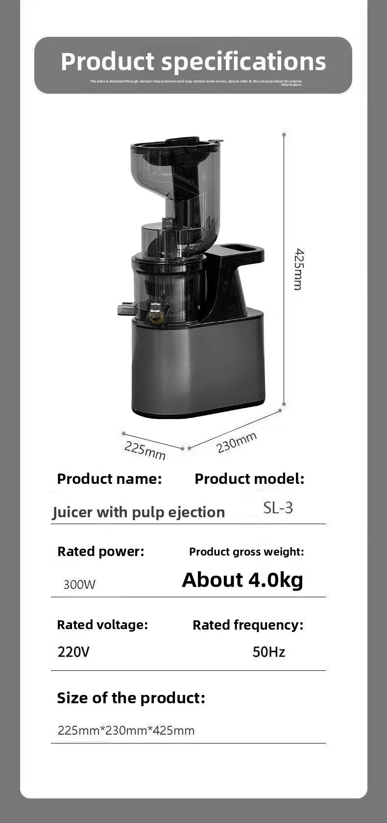 2L Stainless Steel Slow Juicer Commercial Automatic Juice Extractor with Pulp Separation Large Mouth