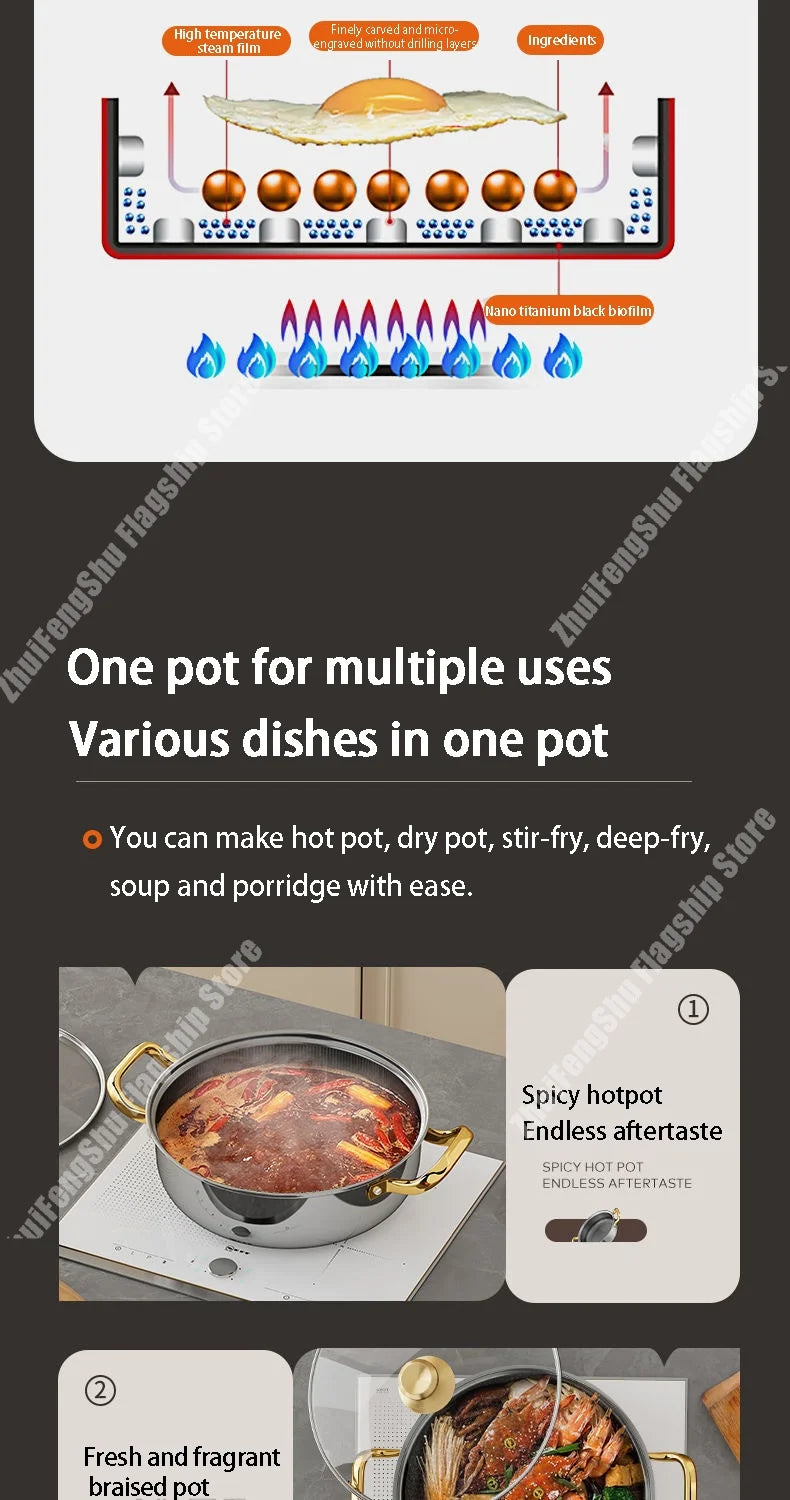 30cm Stainless Steel Frying Pan Non-stick Soup Pot wok with lid Home Honeycomb Induction Cooker Gas Stove Stew Kitchen Cookware