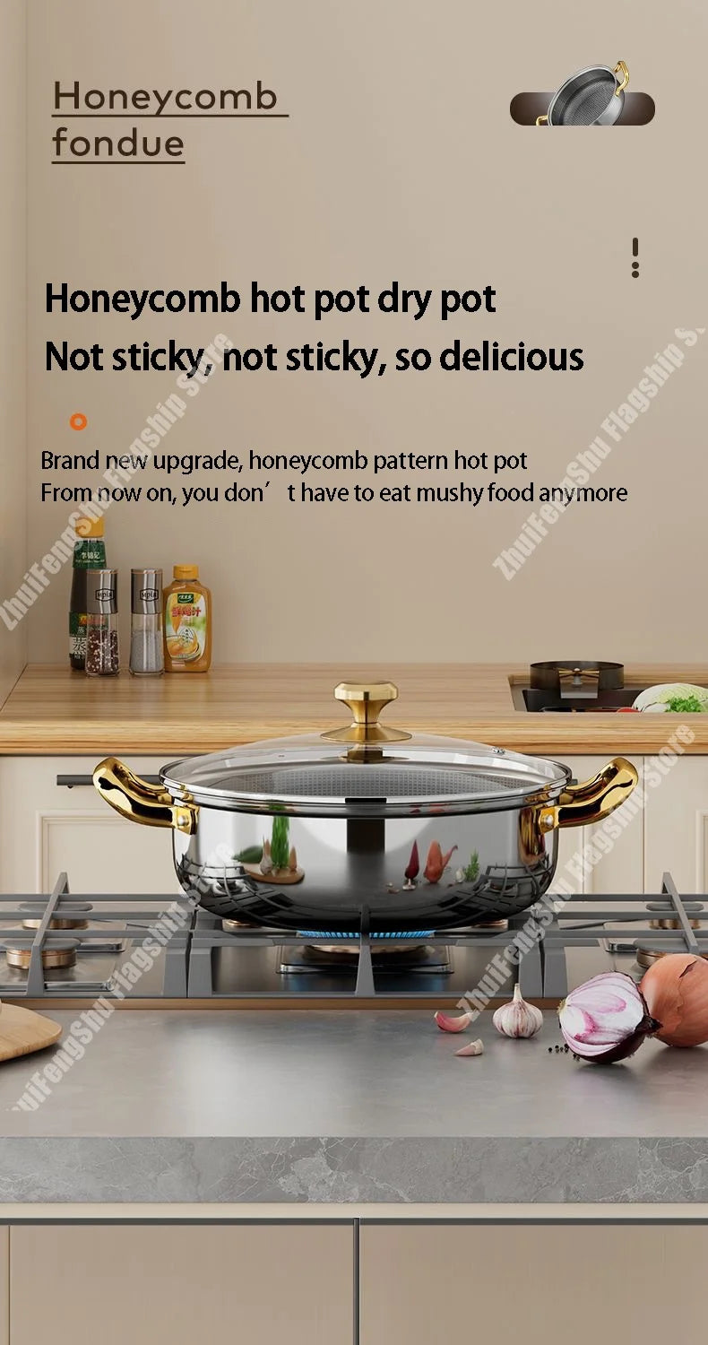 30cm Stainless Steel Frying Pan Non-stick Soup Pot wok with lid Home Honeycomb Induction Cooker Gas Stove Stew Kitchen Cookware