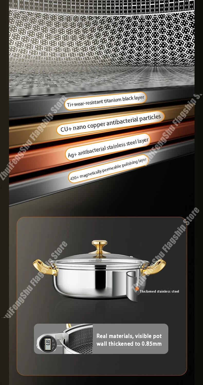 30cm Stainless Steel Frying Pan Non-stick Soup Pot wok with lid Home Honeycomb Induction Cooker Gas Stove Stew Kitchen Cookware