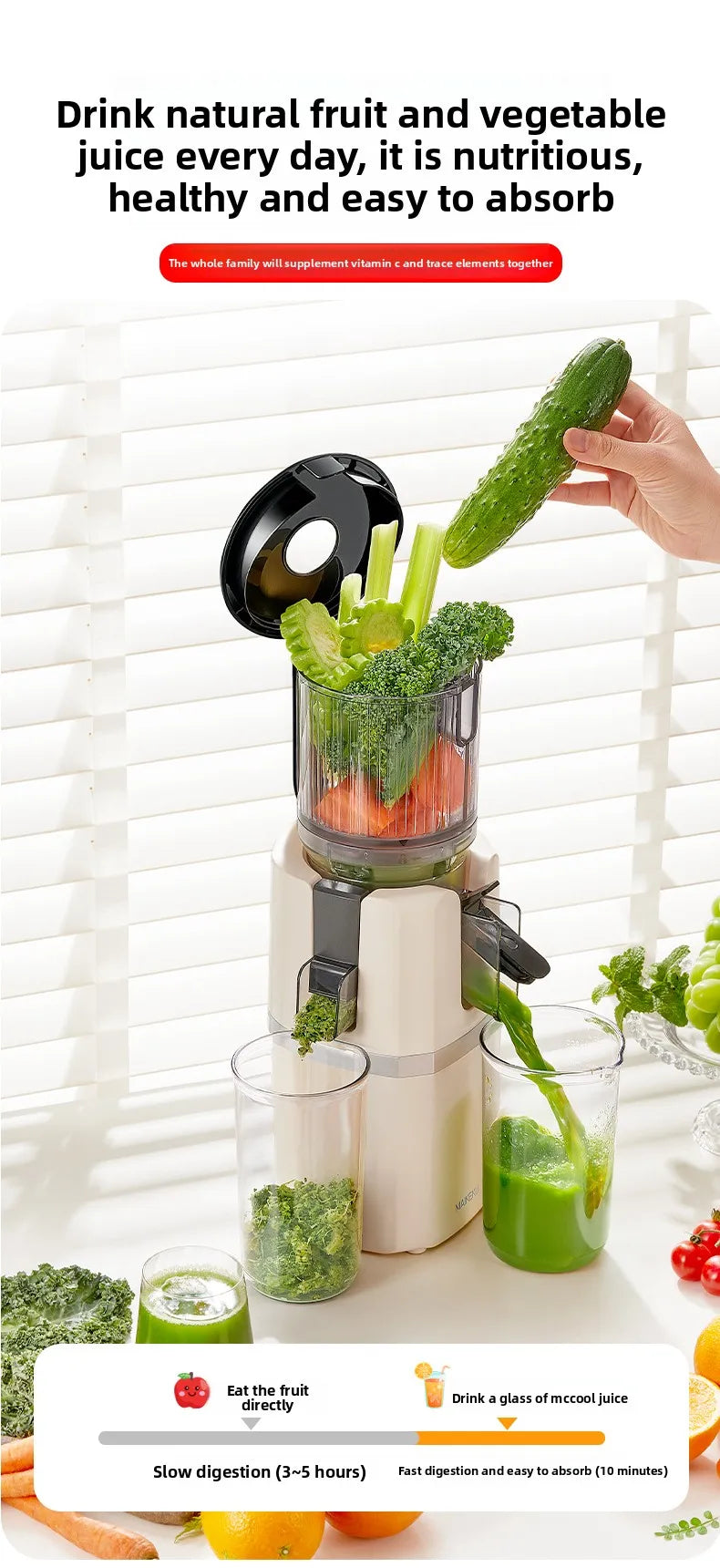2X Squeeze Slow Juicer,Wide Mouth Cold Press Juicer with Pulp Separation,200W Automatic Fruit & Vegetable Extractor for Home Use