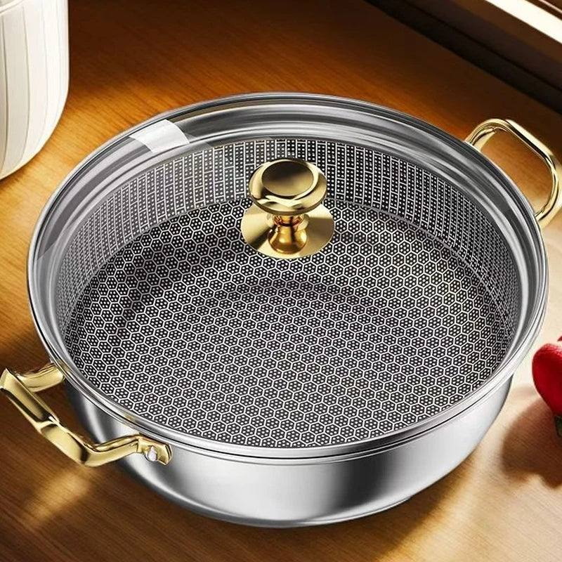 30cm Stainless Steel Frying Pan Non-stick Soup Pot wok with lid Home Honeycomb Induction Cooker Gas Stove Stew Kitchen Cookware