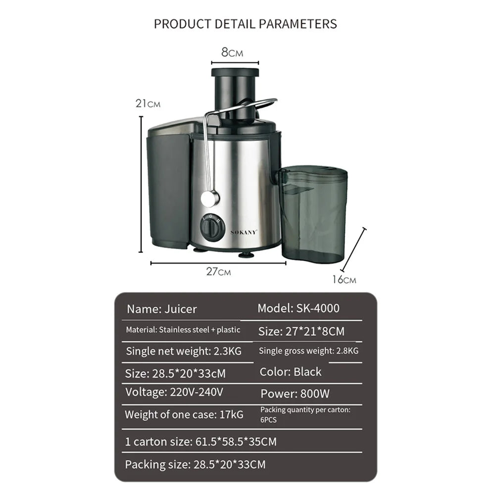 800W Electric Juicer, Fruit & Vegetable Smoothie Breaker with 2 Speeds, Easy To Clean