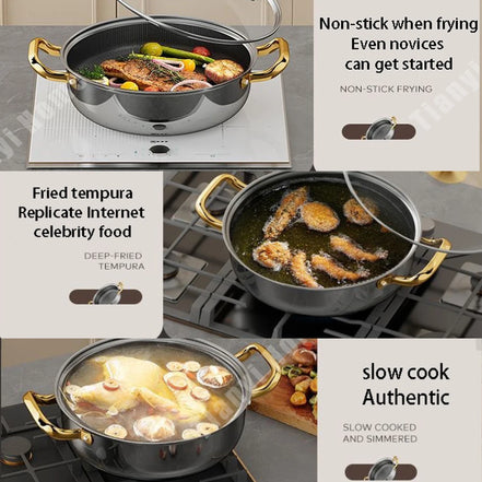 30cm Stainless Steel Frying Pan Non-stick Soup Pot wok with lid Home Honeycomb Induction Cooker Gas Stove Stew Kitchen Cookware