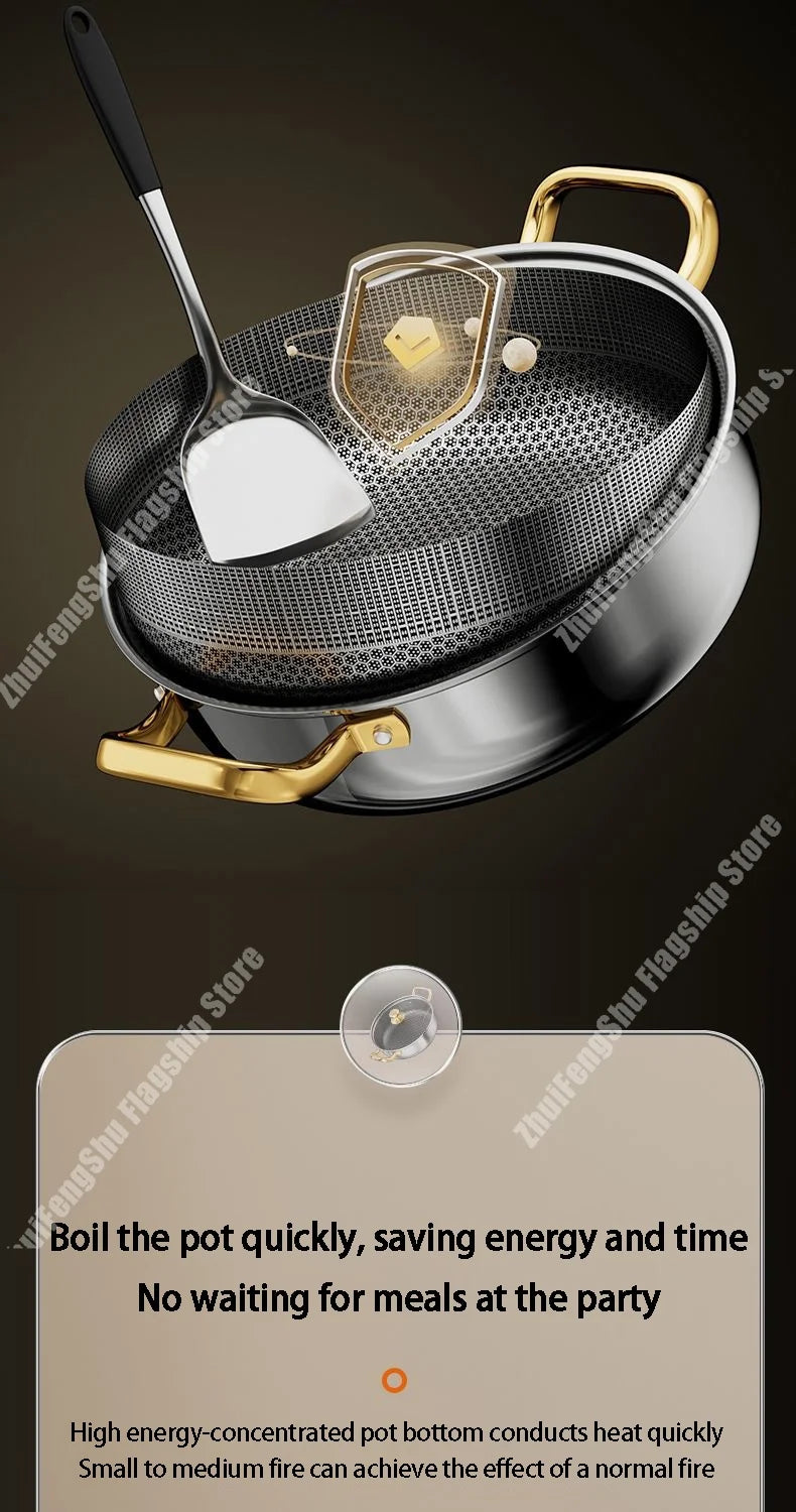 30cm Stainless Steel Frying Pan Non-stick Soup Pot wok with lid Home Honeycomb Induction Cooker Gas Stove Stew Kitchen Cookware