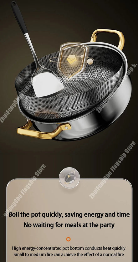 30cm Stainless Steel Frying Pan Non-stick Soup Pot wok with lid Home Honeycomb Induction Cooker Gas Stove Stew Kitchen Cookware