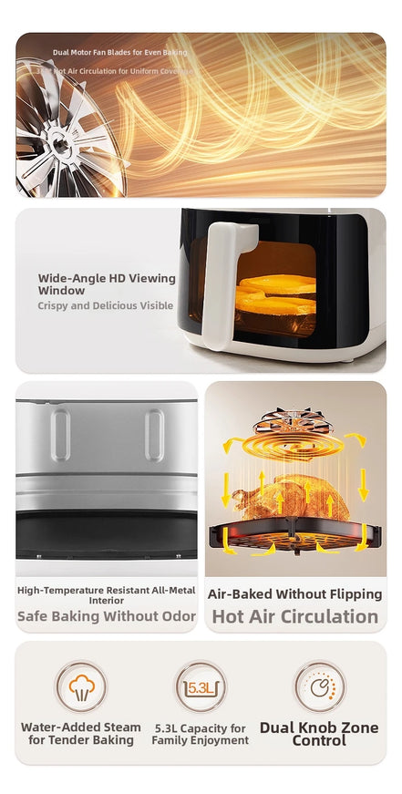 5.3L Super-capacity Visualized Air Fryer | Perspective Window Design Touch Screen +12 Preset Menu|Detachable Cleaning|Household