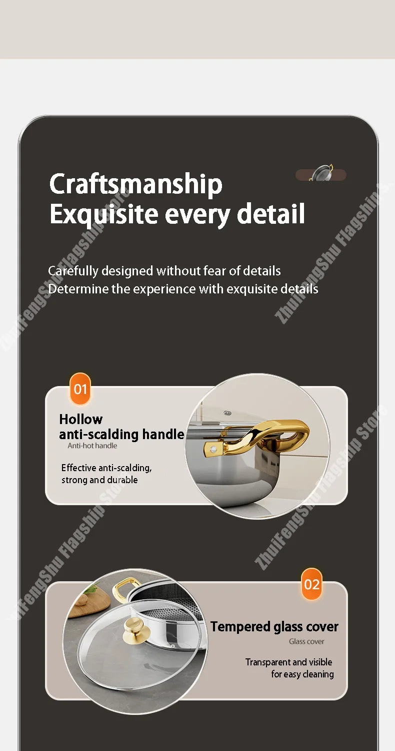 30cm Stainless Steel Frying Pan Non-stick Soup Pot wok with lid Home Honeycomb Induction Cooker Gas Stove Stew Kitchen Cookware