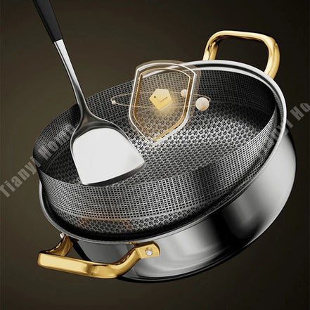 30cm Stainless Steel Frying Pan Non-stick Soup Pot wok with lid Home Honeycomb Induction Cooker Gas Stove Stew Kitchen Cookware