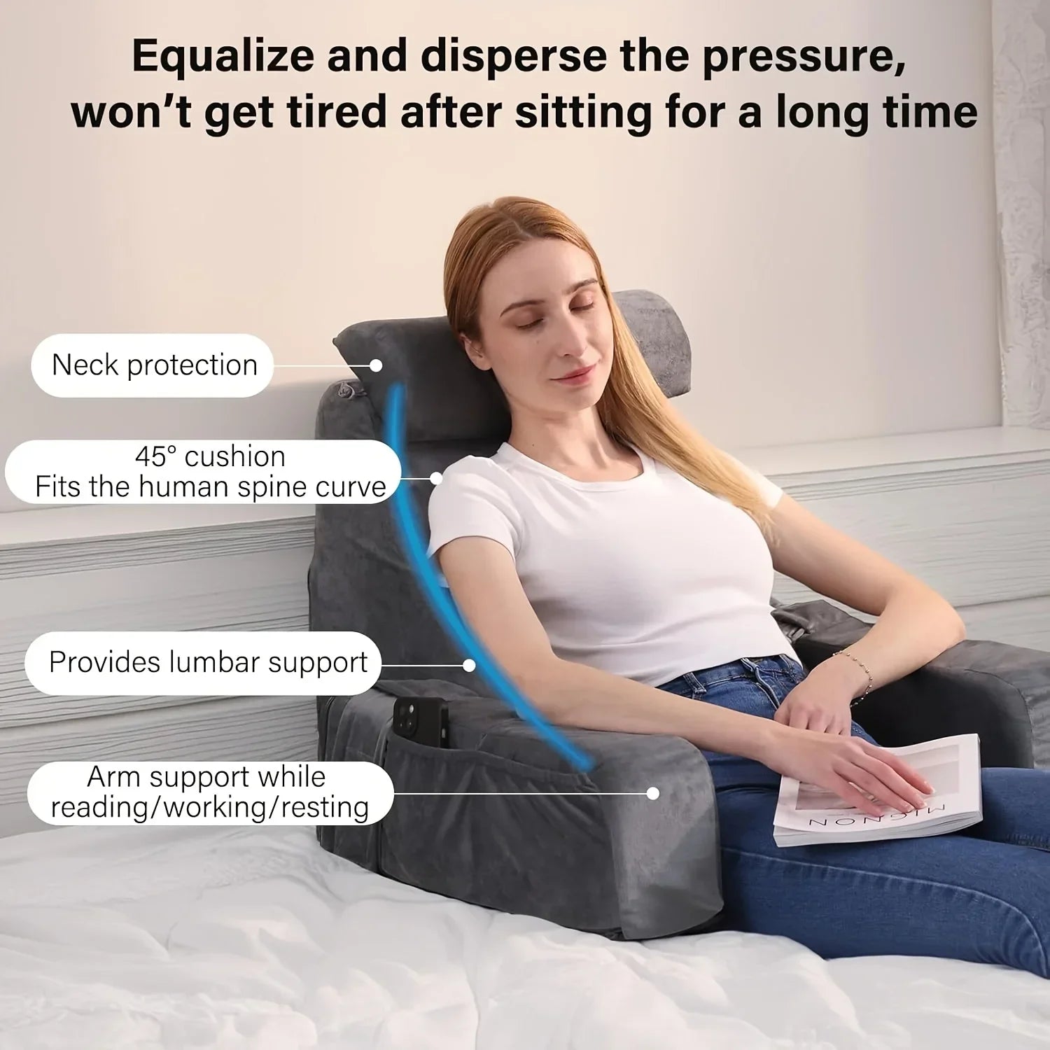 Reading Pillow with Armrests Cushion Ergonomic Back Support Cushion for Bed Chair TV Gaming Comfort Accessory Bed Chair Cushion