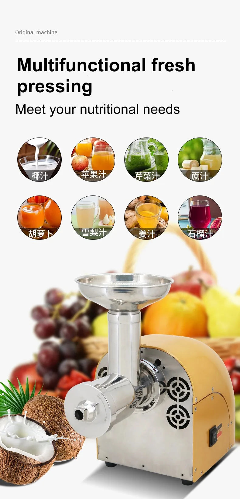 304 Stainless Stee Slow Masticating Auger Juicer Fruit and Vegetable Low Speed Juice Extractor Compact Cold Press Juicer Machine