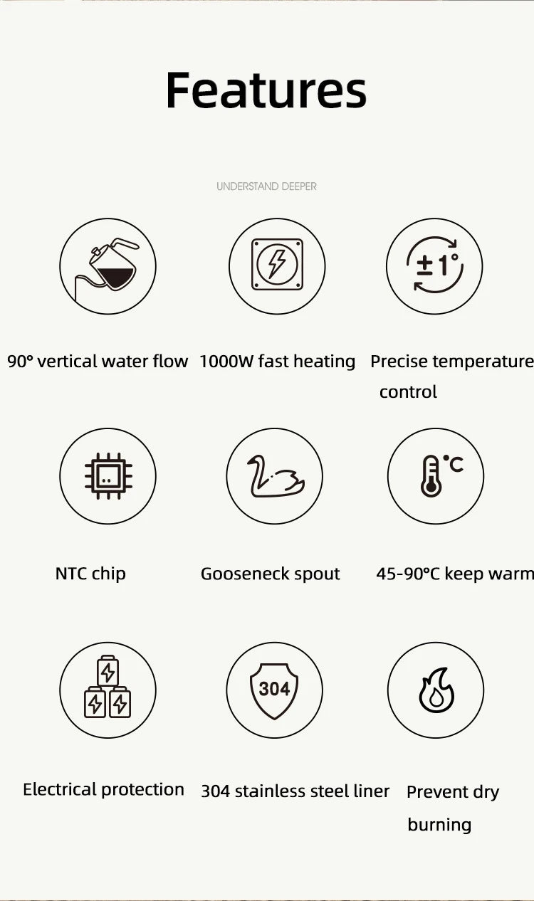 Gooseneck Electric Kettle 800ml Hand Brew Coffee Pot Smart Teapot Temperature Control Pot 1000W Rapid Heating Kettle 110V/220V