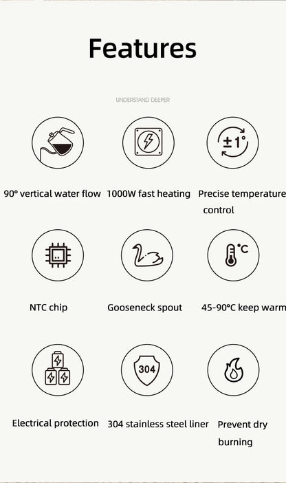 Gooseneck Electric Kettle 800ml Hand Brew Coffee Pot Smart Teapot Temperature Control Pot 1000W Rapid Heating Kettle 110V/220V