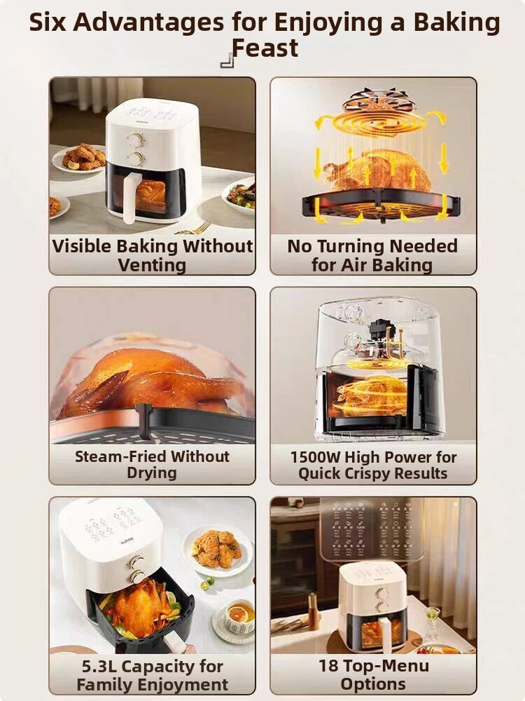 5.3L Super-capacity Visualized Air Fryer | Perspective Window Design Touch Screen +12 Preset Menu|Detachable Cleaning|Household