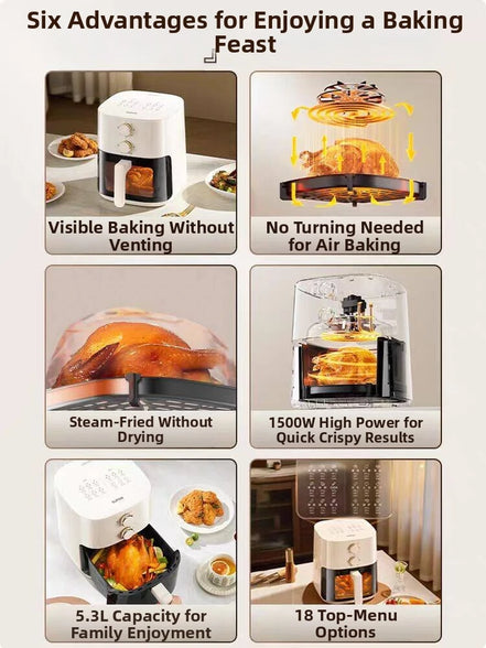 5.3L Super-capacity Visualized Air Fryer | Perspective Window Design Touch Screen +12 Preset Menu|Detachable Cleaning|Household