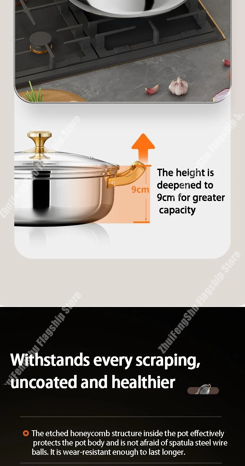 30cm Stainless Steel Frying Pan Non-stick Soup Pot wok with lid Home Honeycomb Induction Cooker Gas Stove Stew Kitchen Cookware