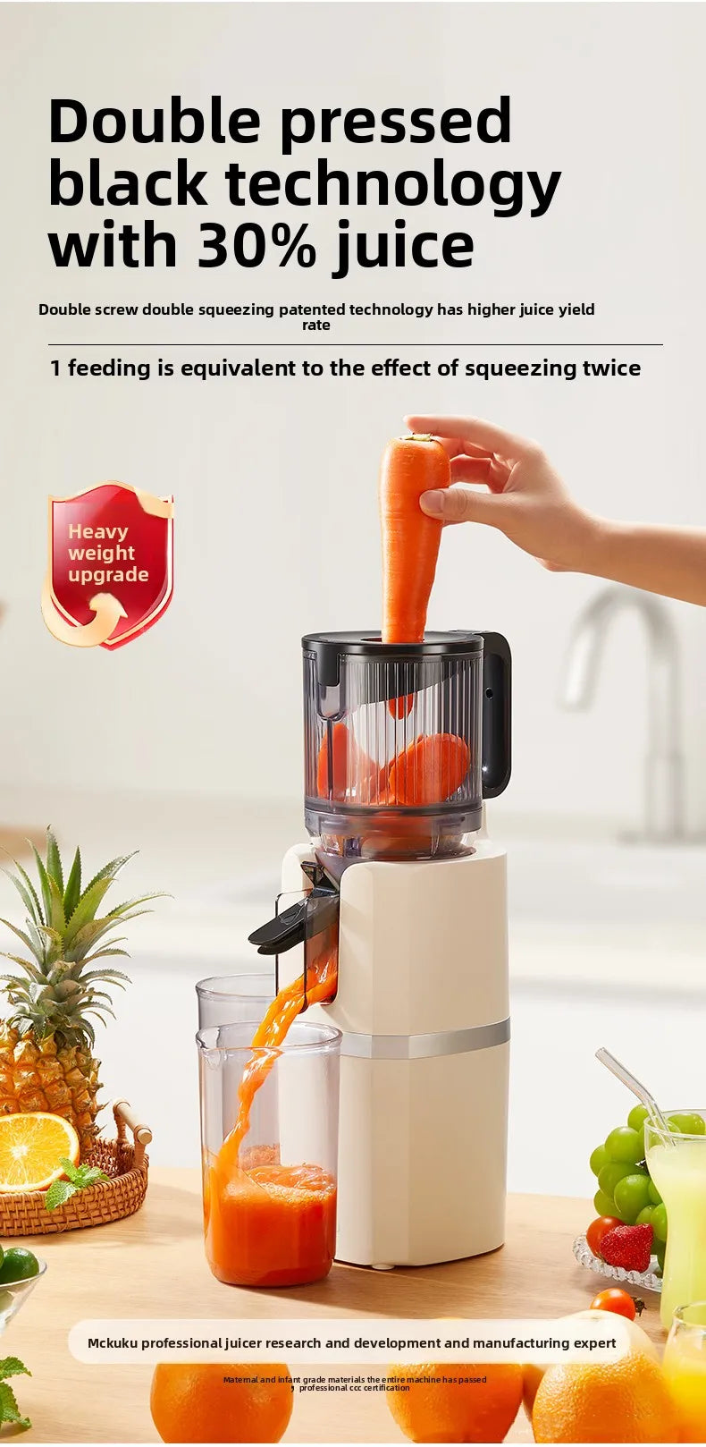 2X Squeeze Slow Juicer,Wide Mouth Cold Press Juicer with Pulp Separation,200W Automatic Fruit & Vegetable Extractor for Home Use