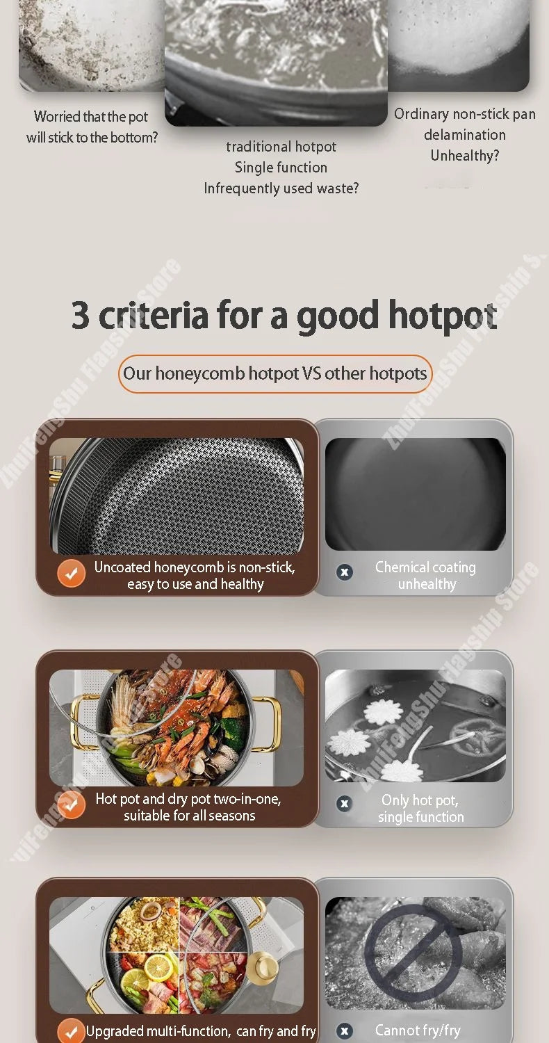 30cm Stainless Steel Frying Pan Non-stick Soup Pot wok with lid Home Honeycomb Induction Cooker Gas Stove Stew Kitchen Cookware