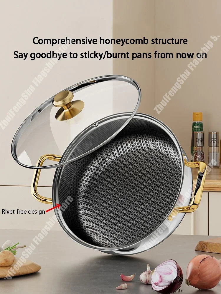 30cm Stainless Steel Frying Pan Non-stick Soup Pot wok with lid Home Honeycomb Induction Cooker Gas Stove Stew Kitchen Cookware
