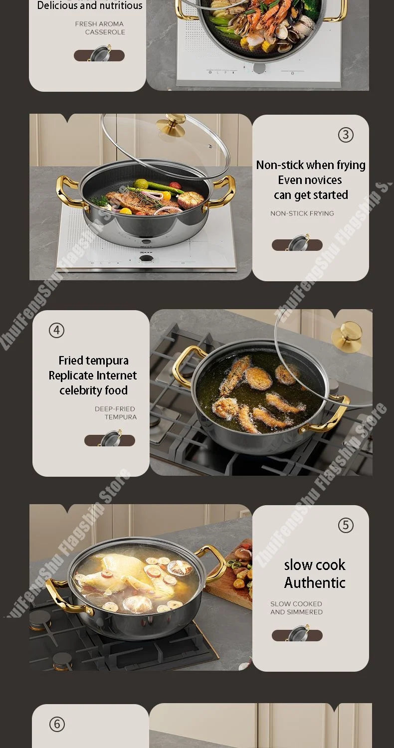 30cm Stainless Steel Frying Pan Non-stick Soup Pot wok with lid Home Honeycomb Induction Cooker Gas Stove Stew Kitchen Cookware