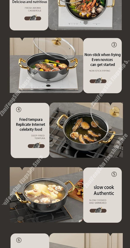 30cm Stainless Steel Frying Pan Non-stick Soup Pot wok with lid Home Honeycomb Induction Cooker Gas Stove Stew Kitchen Cookware