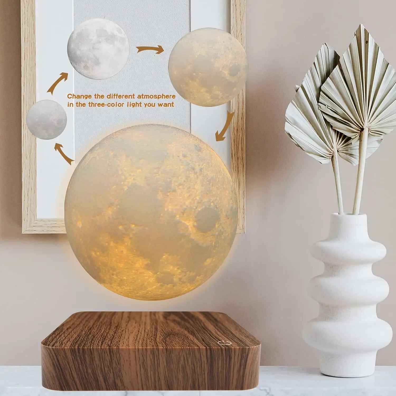 Levitating Moon Magnetic Floating Night Light, 3 Colors Temperature, Creative Table 3D LED Lamp with Wooden Base for Gift Office